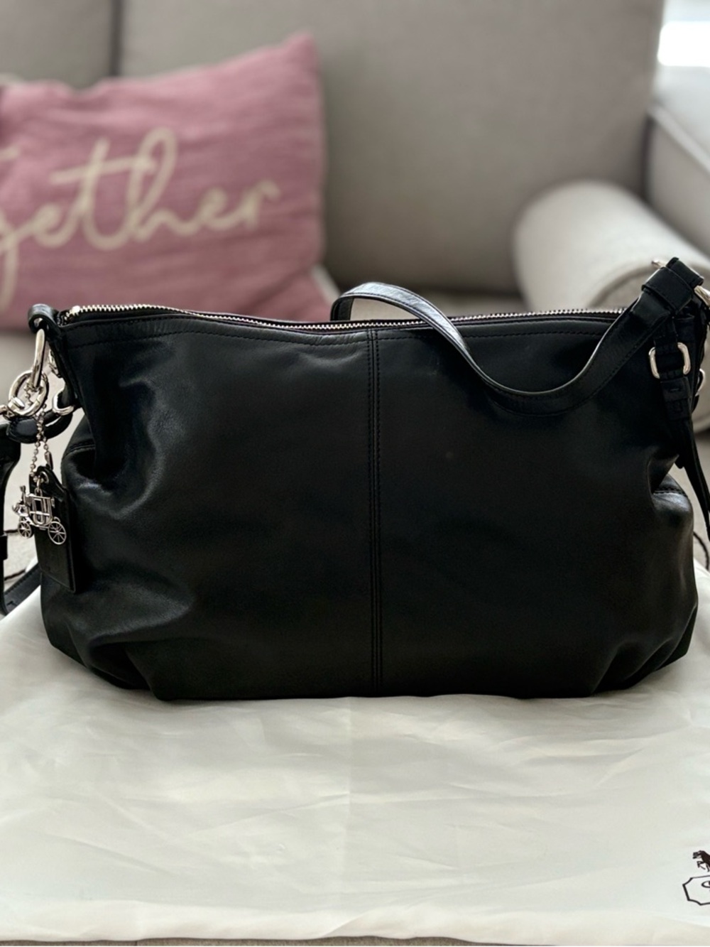 Coach Black Leather Shoulder Bag with Silver Charm Hardware